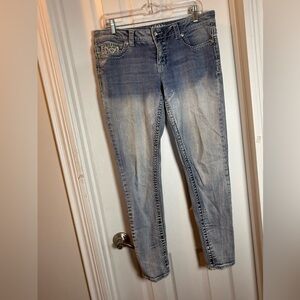 Paisley Sky Faded Blue Low Rise Skinny Jeans Glittery Pocket Detail Sz 12 Wester